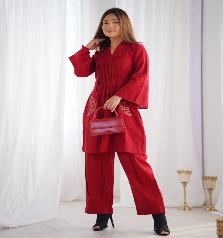 Crimson Pleated Coord Set
